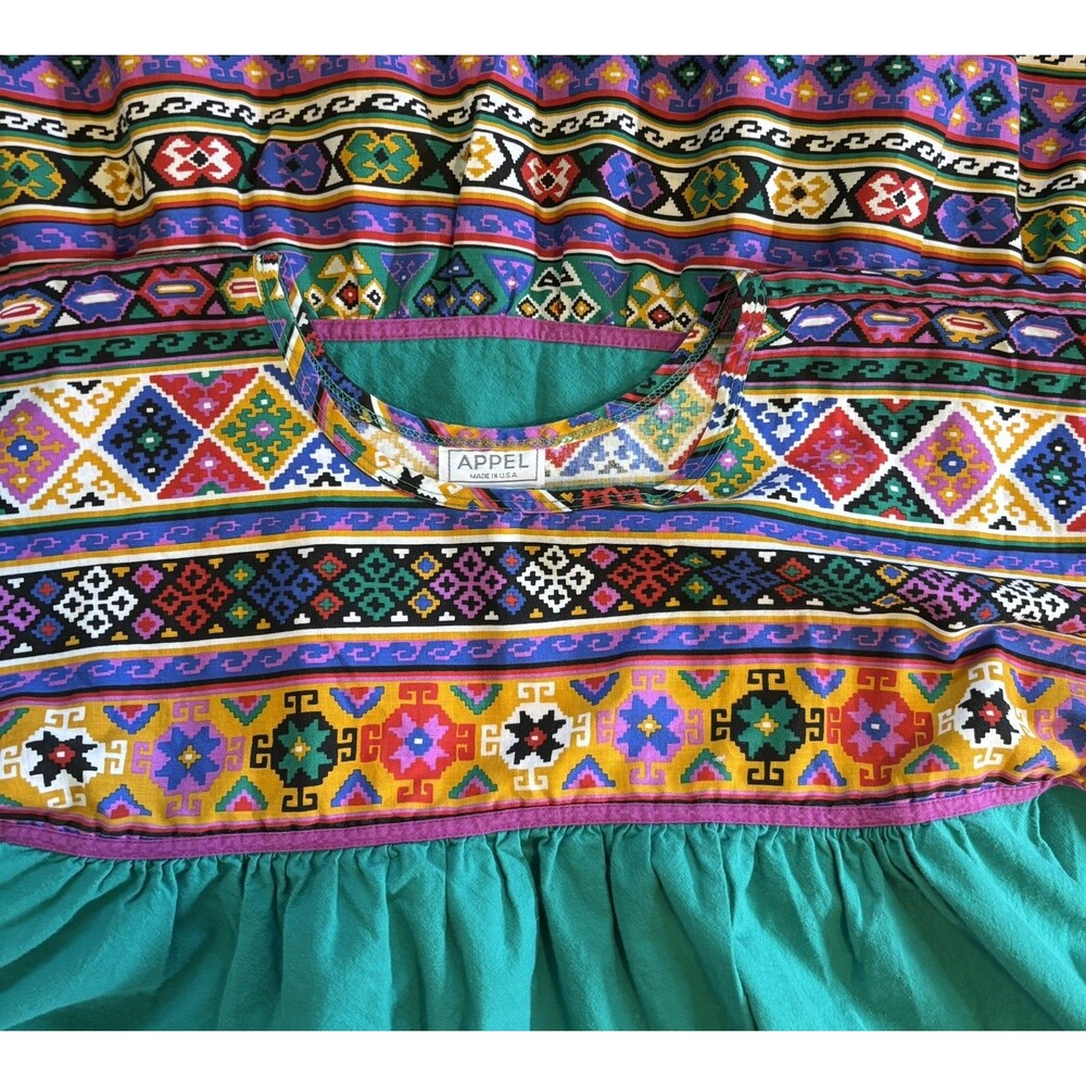 VTG 80s Appel Printed Aztec Geometric Jade Green Colorful Midi Dress Size M - Picture 2 of 9